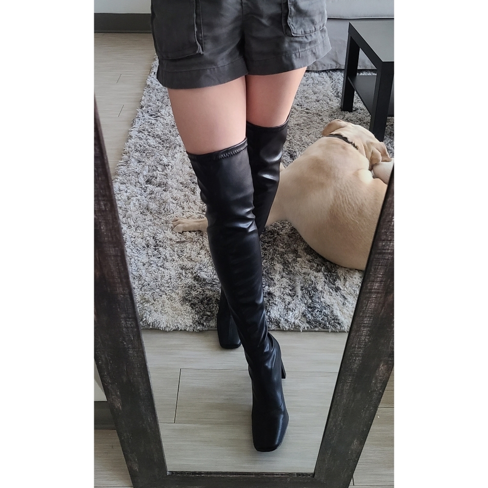 French Connection Faux Leather Over The Knee Square Toe Charli Boots - Picture 3 of 16